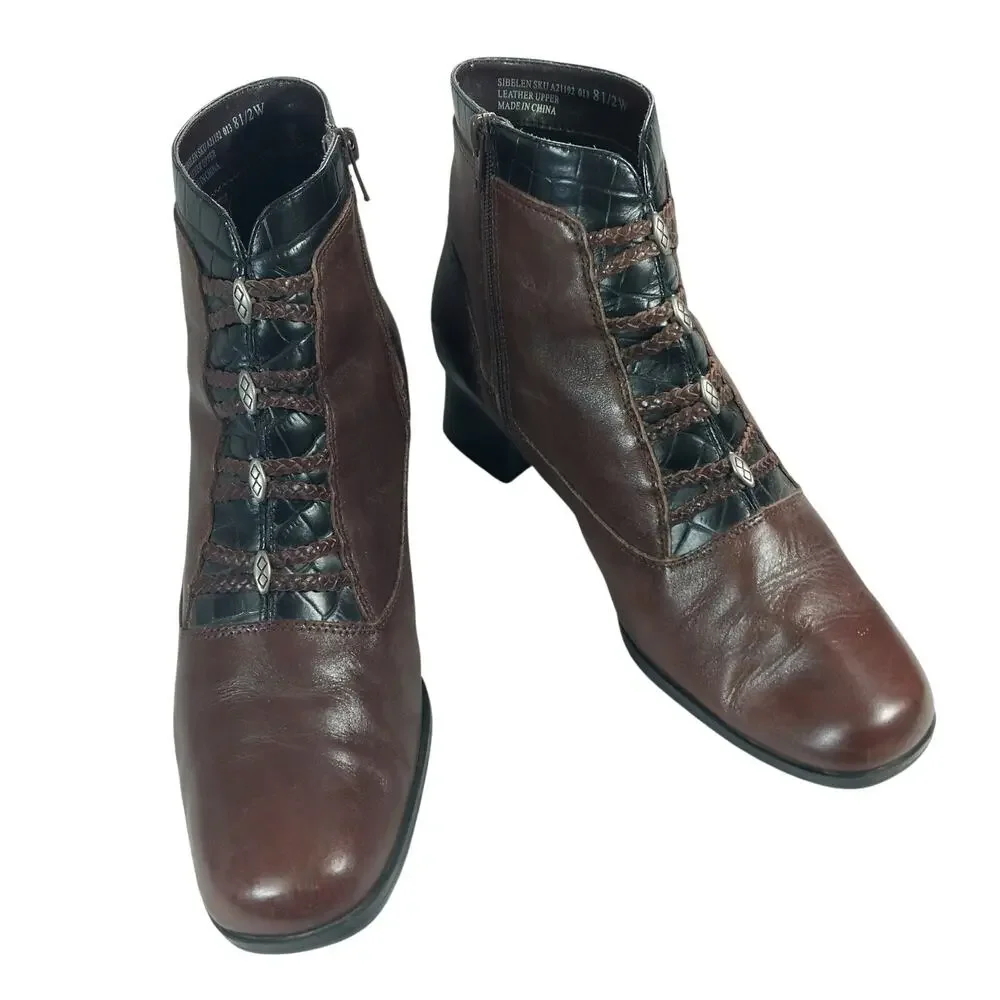LONDON FOG! ESPRESSO BROWN GENUINE LEATHER, BLACK CROCO TRIM ANKLE BOOTS! 8.5W